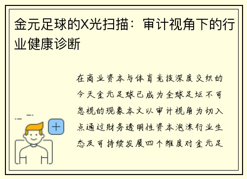 金元足球的X光扫描：审计视角下的行业健康诊断